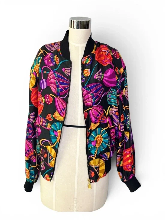 Vintage Petite Sophisticate Silk Jewel Tone 80’s Bomber Jacket Statement Print S