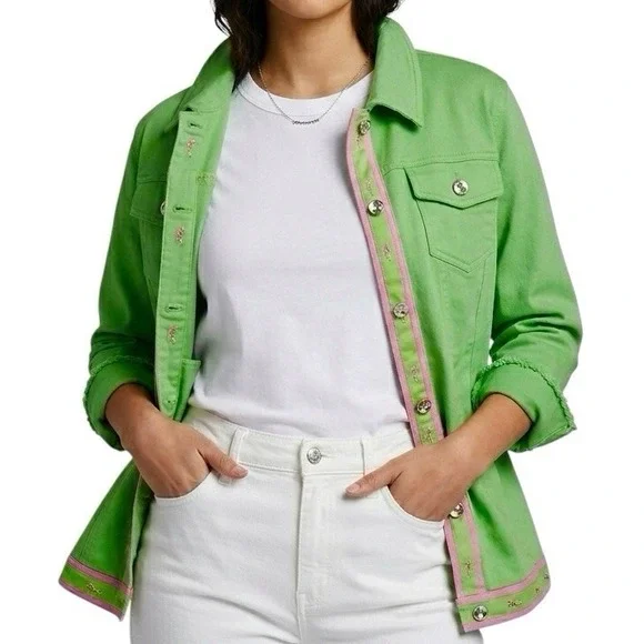 QUACKER FACTORY Green Jacket sz 1X Grosgrain Ribbon Pink Whale Trim Resortwear