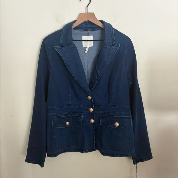 Avec Les Filles Anthropologie Jean Blazer Jacket Gold Button Chic Women’s Large