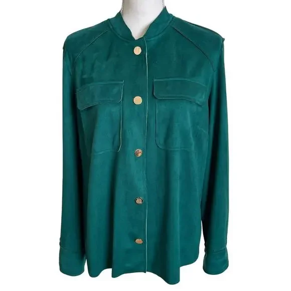 Chico's Jacket Women's Size 2 Large 12/14 Turquoise Faux Suede Gold Buttons