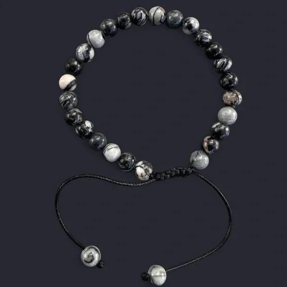 Black Picasso Jasper Adjustable Gemstone Bead Bracelet 6mm