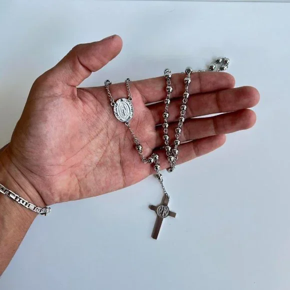 Y2K 2000s chrome silver rosary bead necklace