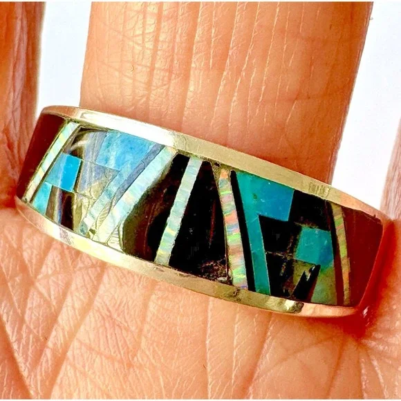 Navajo Inlay Wedding Band Mens Sz 13 Ring Turquoise Opal 9mm Signed AT