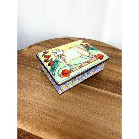 Vintage Sheep Pull Toy Folk Art Trinket Box -Whimsical Enamelware Jewelry Box