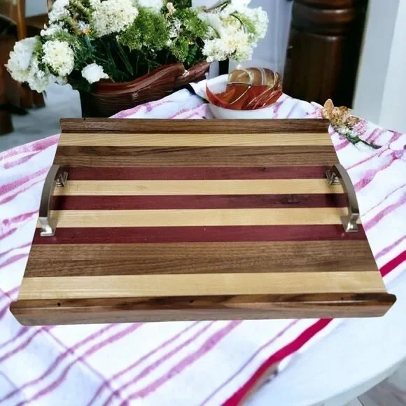 Handmade Rustic Charcuterie Cutting Board  with Handles Purple Heart White Oak
