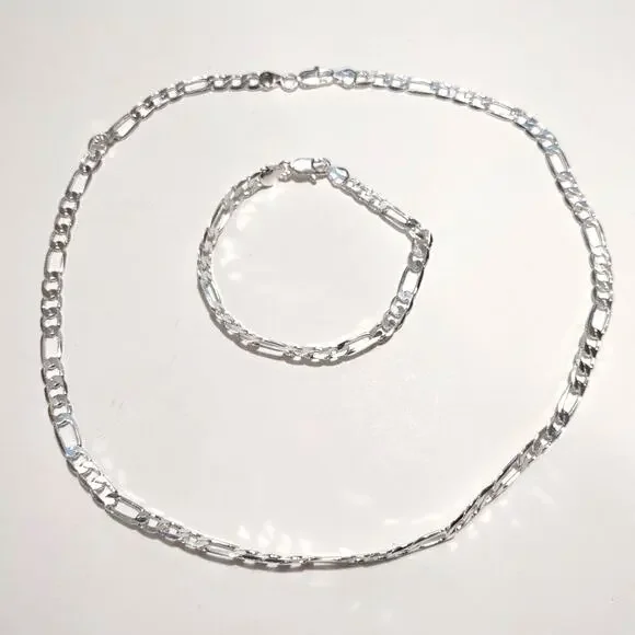 Genuine 925 Silver Necklace & Bracelet Set 6mm Figaro Vintage Fashion Gift NEW!!