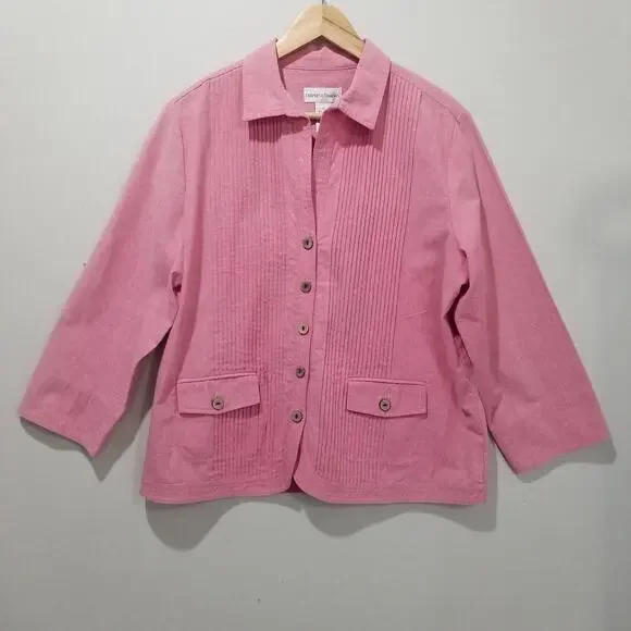 Draper's & Damon's Jacket Womens Large Pink Pintuck Button 3/4 Sleeve Pockets