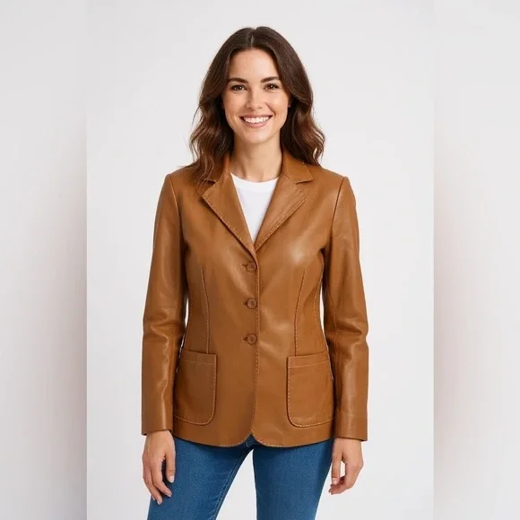 Theory Size M Medium Cognac Caramel Leather Jacket White Stitching R $995