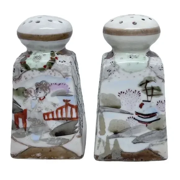 Royal Satsuma Moriage Salt & Pepper Shakers - Geisha, Flowers, Lake Vintage