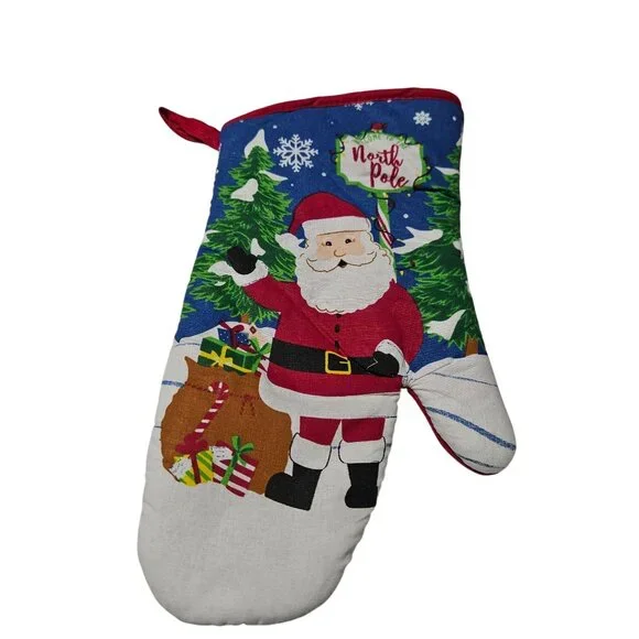 Santa Claus North Pole Quilted Christmas Oven Mitt Holiday Kitchen Decor