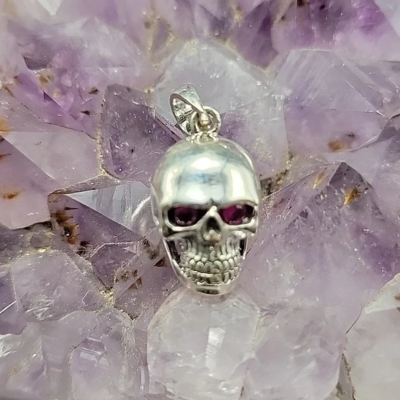 15x20mm Sterling Silver Skull Pendant with Red Faceted Ruby Eyes 5mm Bale Punk
