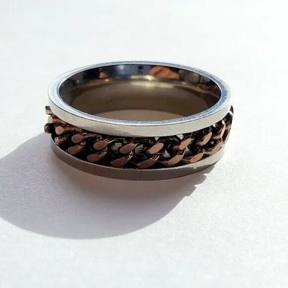 Mens Titanium Ring Sz 12.75‎ Jewelry Band Coffee Tone Steel Cuban Link Inlay