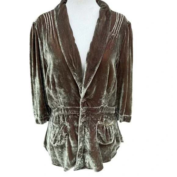 Burning Torch Anthropologie Silk Blend Velvet Beaded Peplum Jacket Olive Brown L