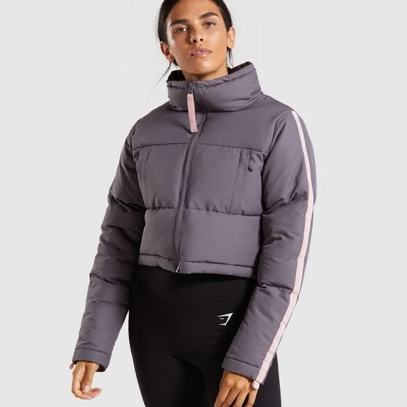 Gymshark Grey Oversized Cropped High Neck Full Zip Canvas Puffer Jacket