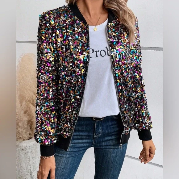 Allegra K Black Bomber Jacket Multicolor Sequins Front Zipper Closure Size XS