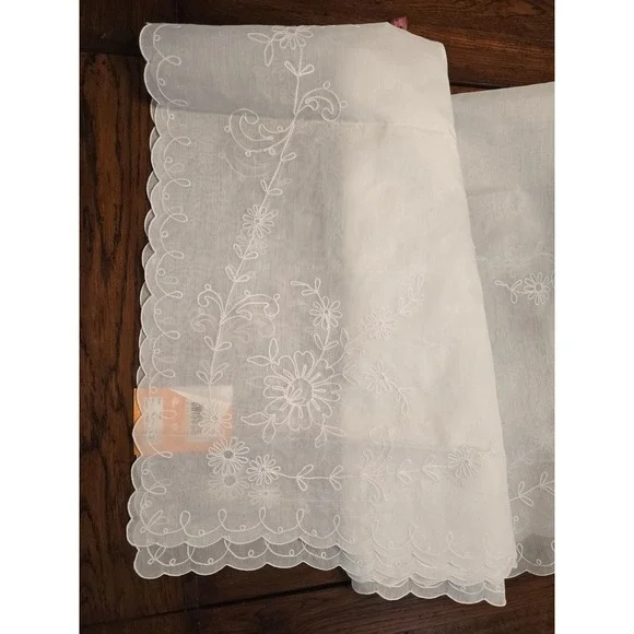 Vintage Swiss Mid Century White Floral Embroidered Window Sheer 2 panels 44x84