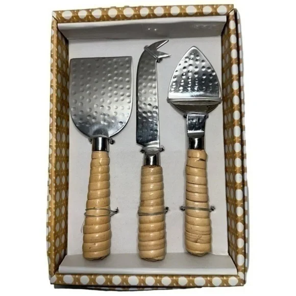 Two’s Company Rattan Wrapped Set of 3 Hammered Steel Cheese Knives BNIB