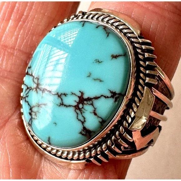 Big Navajo Mens Turquoise Ring Sz 10 Lightning Signed Denetdale Sterling Native