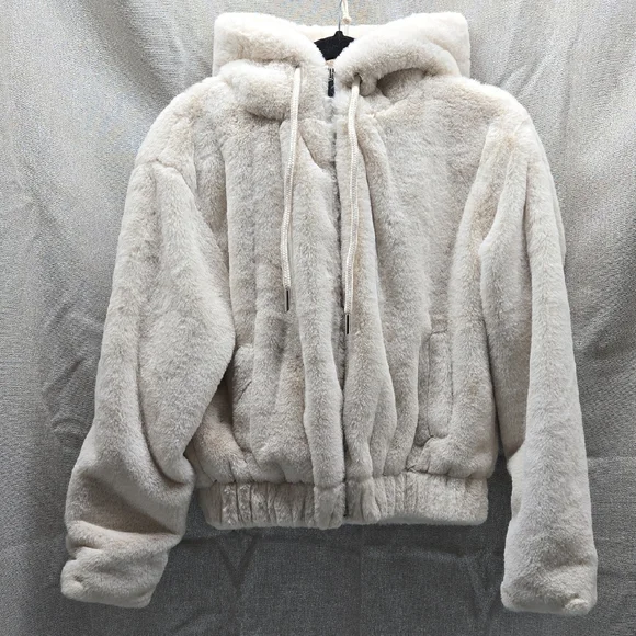 Cropped Hooded Jacket, Stoosh, Small, Faux Fur, Pockets, Elastic Waist, Zip Up