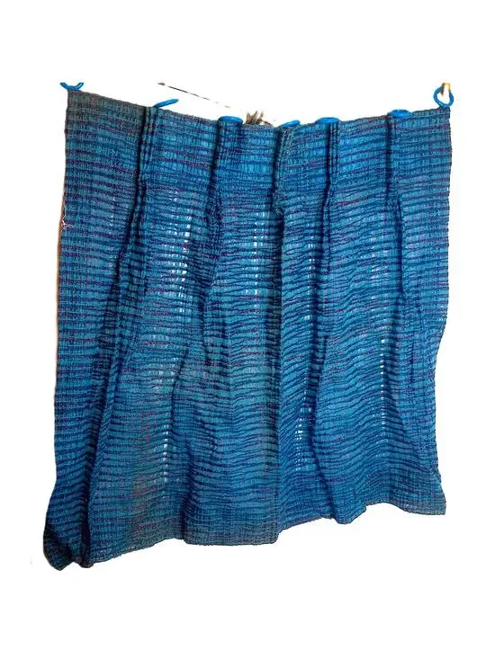 Vtg Mid Century Blue Tweed Pinch Pleat Curtains Open Weave Drapes w/ Rings Set 2