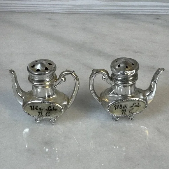 Vtg Silver Metal Salt And Pepper Shakers, White Lake N.C. Souvenir Japan