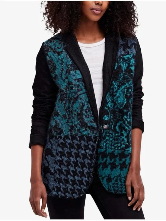Free People Better Together Teal & Black Patterned Knit Blazer Jacket Medium
