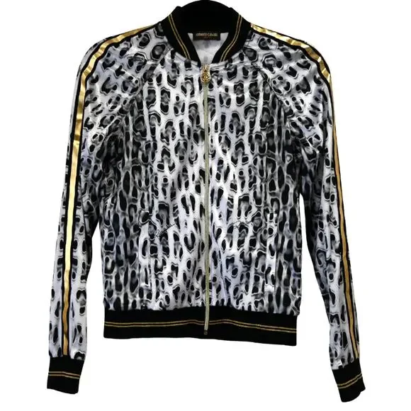 Roberto Cavalli Gym Gray Velour Leopard Print Bomber Jacket Size 38 Approx US 2