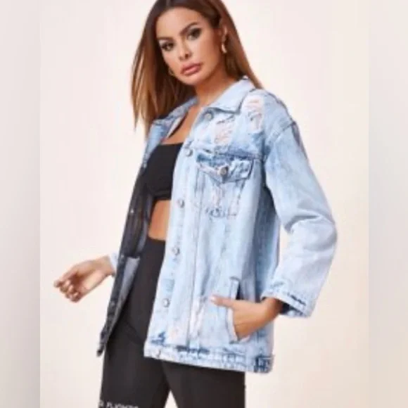 SHEIN Distressed Light Blue Jean Jacket