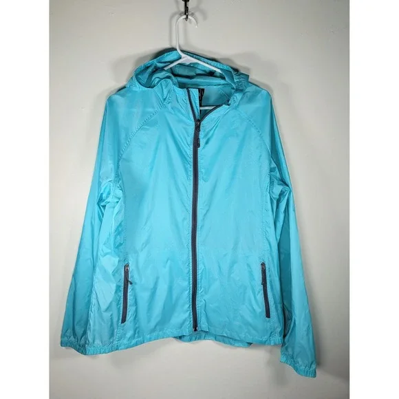 The North Face Womens XL Cyan Blue Hooded Windbreaker Jacket Full Zip Shell
