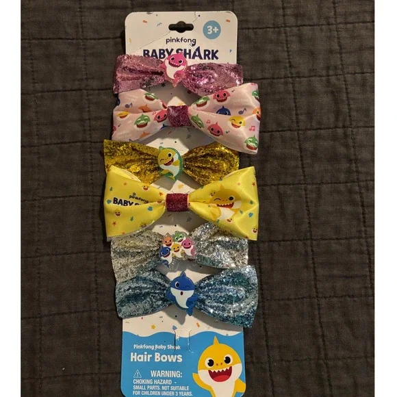 Pinkfong Baby‎ Shark Hair Bows 6 Pack Glitter Satin Alligator Clips