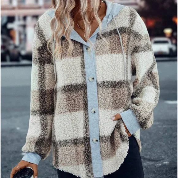 New plaid print hoodie Teddy jacket