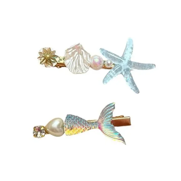 Blue Iridescent Mermaid and Starfish Alligator Hair Clips