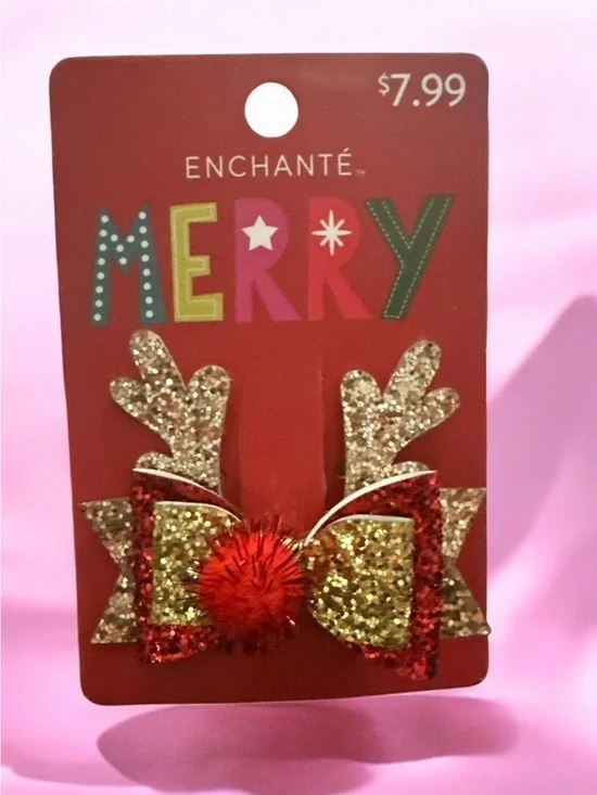 Enchante Kids Glitter Reindeer Bow Hair Clips - Red & Gold 1880