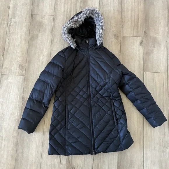 Eddie Bauer Black Quilted Faux Fur Hooded Goose Down Parka Coat Women's Large L