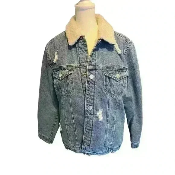 Refuge Women's Large Denim Distressed Jacket Button Up Fleece Lined Long Sleeve