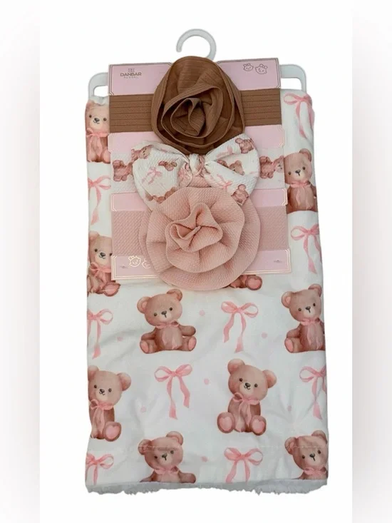 New‼️ Baby 🧸 Teddy Bear Swaddle Blanket & Headband 4 pc Gift Set NWT