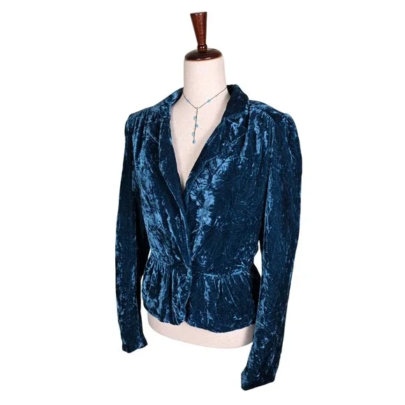 Vintage Crushed Velvet Jacket Blazer SZ S Regency Whimsigoth  Teal Blue Cinched