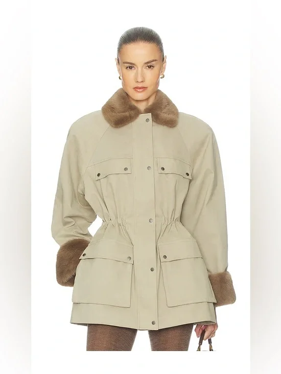Helsa  The Balmoral Jacket With Faux Fur Trim in Khaki