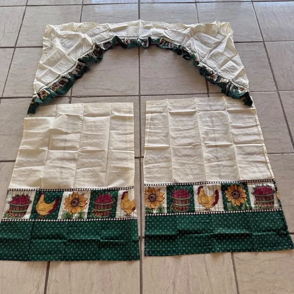 Vintage Farmhouse Kitchen Curtain Set 3 Pc Valance Tier Panels Chicken Sunflower