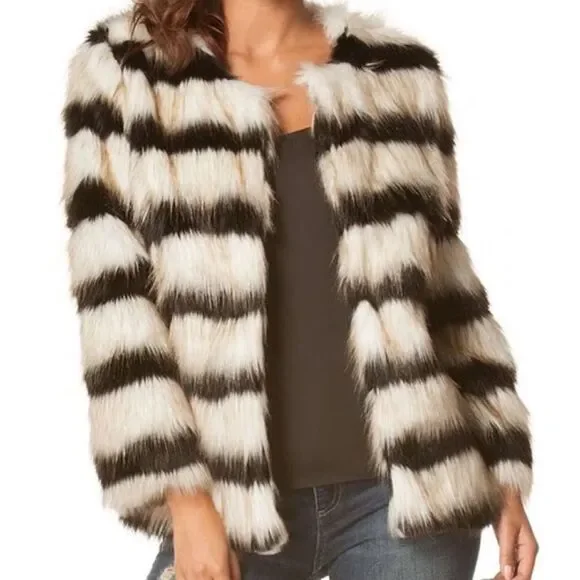 Carmin Black and Ivory Striped Fuzzy Faux Fur Coat size small