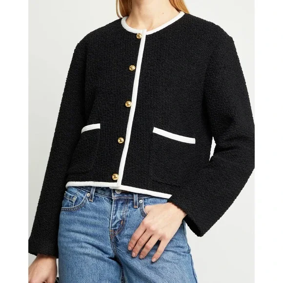 Caara‎ Women's Wool Blend Bouclé Contrast Trim Sweater Jacket Black Small NWT