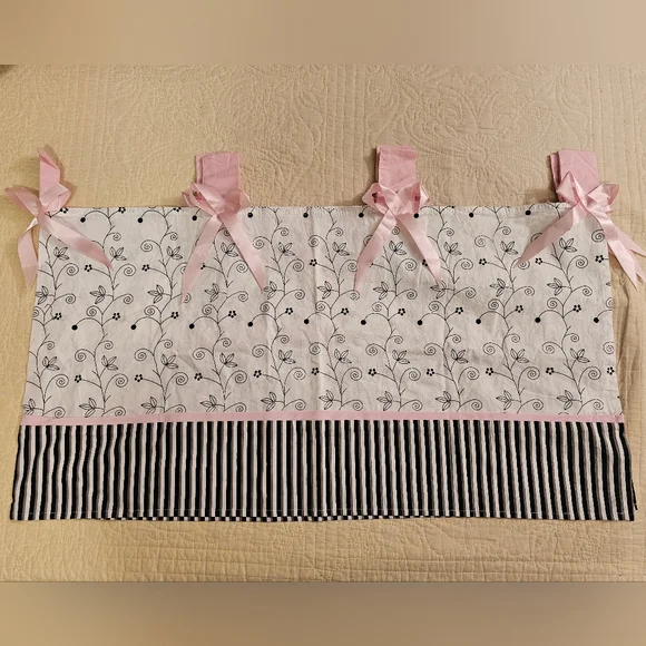 Black & White Floral Curtain Valance with Pink Ribbon Bow Ties