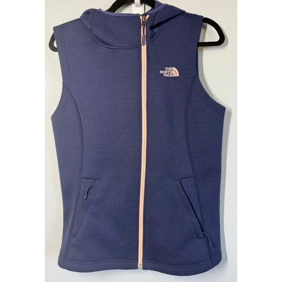 The North Face Womens M Hooded Fleece Vest Navy Blue Full Zip Pink Layering
