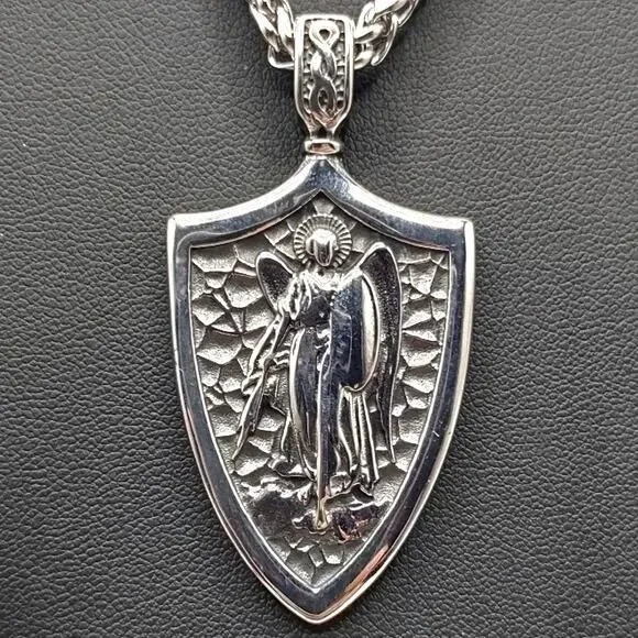 Stainless Steel Saint Archangel Michael Necklace Shield Pendant Valentines Gift