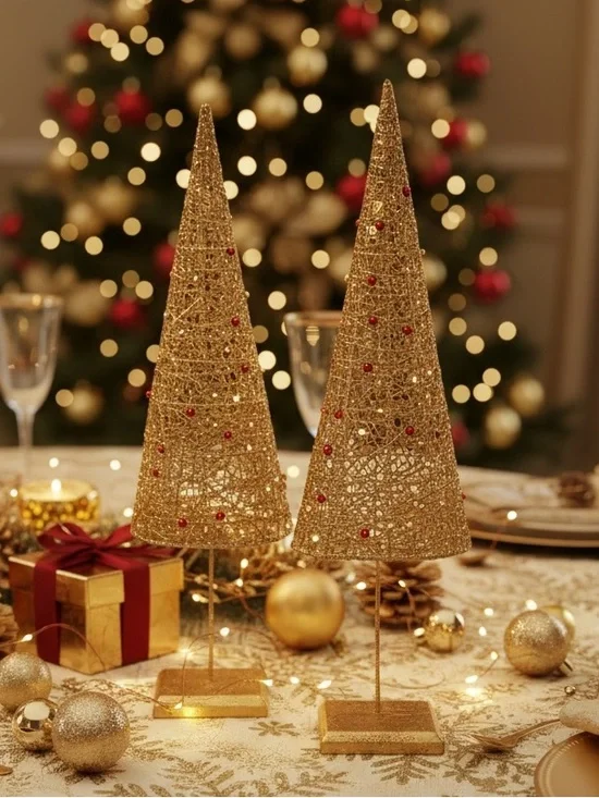 Set of 2 Crate and Barrel Metallic Gold Wire Cone Tabletop Christmas Trees 19”