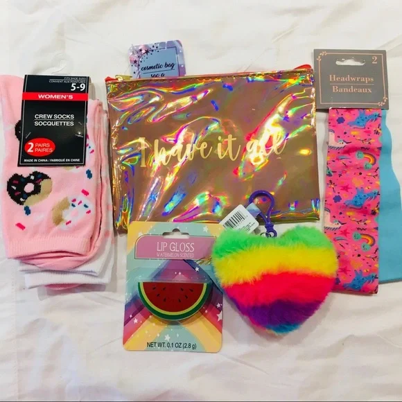 NWT UNICORN HEADBANDS,COSMETIC BAG, SOCKS LIP GLOSS