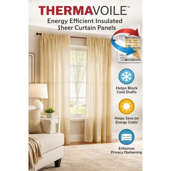 Set of 2 Rhapsody Lined Insulated Sheer Rod Pocket Curtain Panel 54x63‎ Ivory