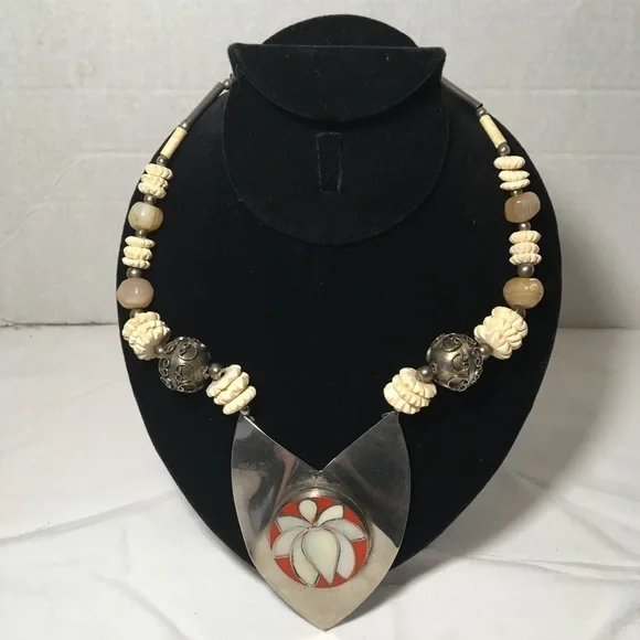 Vintage Ethnic Boho Style Sterling Silver & Gobi Agate Handmade Beaded Necklace