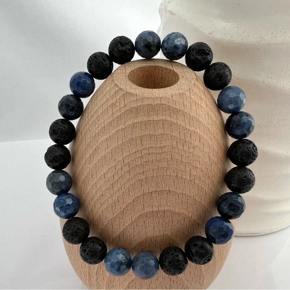 Unisex Blue Dumortierite Quartz and Lava Stone Stretch Beaded Bracelet
