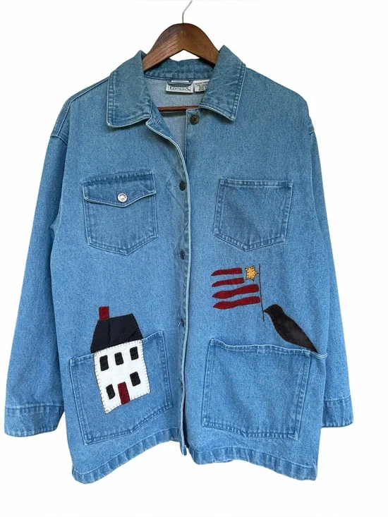 Vintage 90’s Denim Chore Jacket Primitive Folk Art